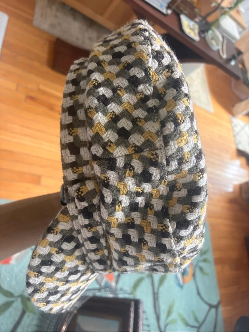 Vintage woven Check Pattern Home Accent Hat in Gray, White & Yellow